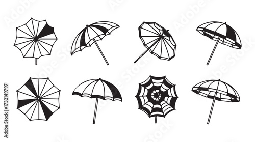 Collection of eight colorful beach umbrella designs displayed from various angles and perspectives vector