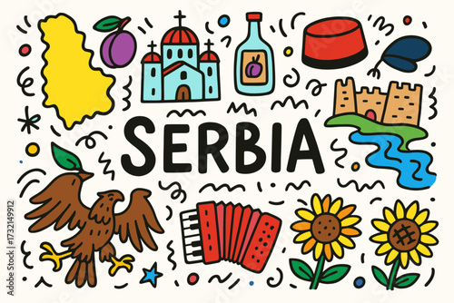 Serbia travel flat icon set. culture, history, cuisine, landmarks, tradition icons collection