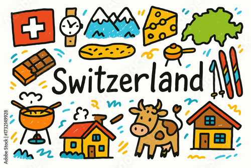 Switzerland flat icon set. swiss culture, alps, chocolate, cheese, and watch designs.