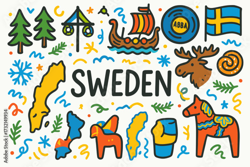 Sweden flat icon set. scandinavian culture, symbols and heritage icons collection.