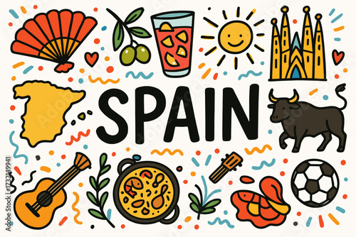 Spain culture icon set. travel, food, and landmarks flat icons collection