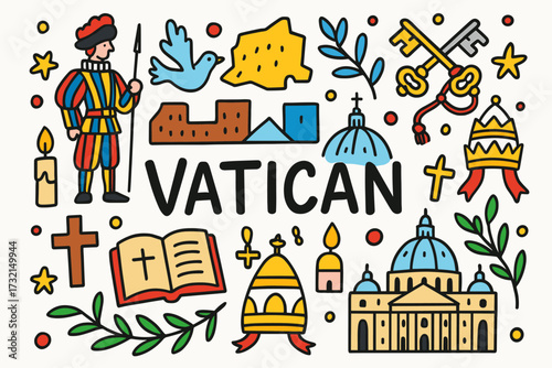 Vatican city flat icon set. symbols, culture, landmarks icons collection.
