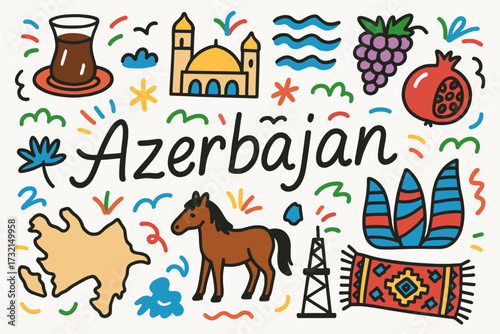 Azerbaijan culture icon set: traditional symbols and landmarks outline style