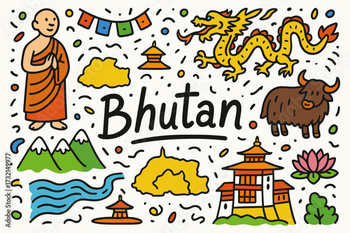 Bhutan cultural flat icon set. traditional, heritage, symbols, and nature icons collection.