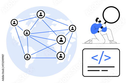 Network of interconnected user profiles over a globe map, developer examining code with a magnifying glass. Ideal for technology, teamwork, globalization, web development, analysis, digital