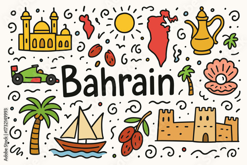 Bahrain theme doodle icon set. middle eastern culture, travel outline collection