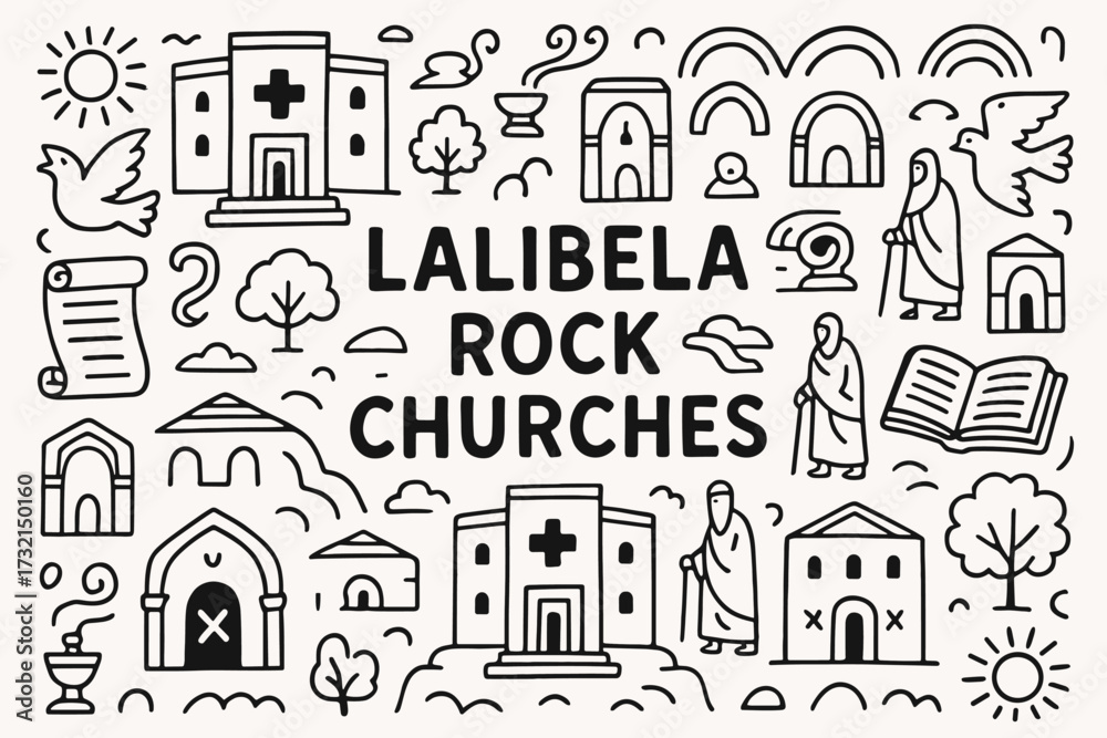 Naklejka premium Ethiopian landmark churches icon set. lalibela, heritage temples outline collection.