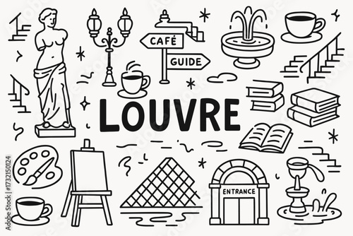 Paris, louvre outline icon set. art, culture, museum icons in elegant line style
