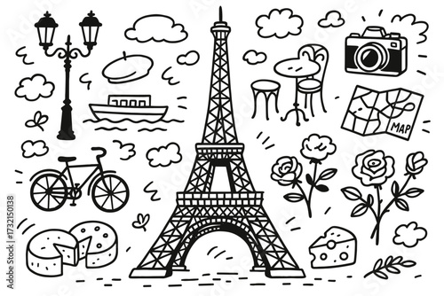 Paris doodle icon set. eiffel tower, bicycles, culinary delights in line style