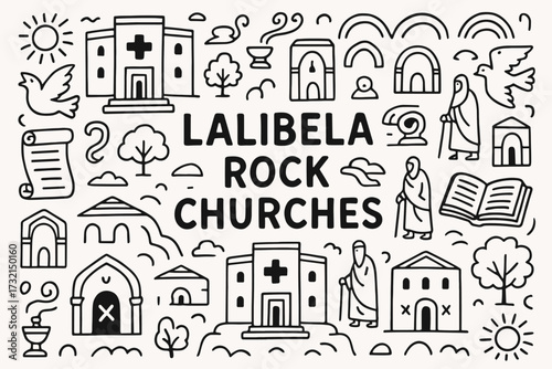 Ethiopian landmark churches icon set. lalibela, heritage temples outline collection.