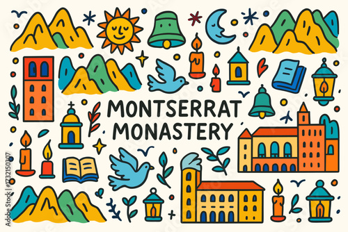 Montserrat monastery flat icon set. nature, architecture, travel, culture collection.