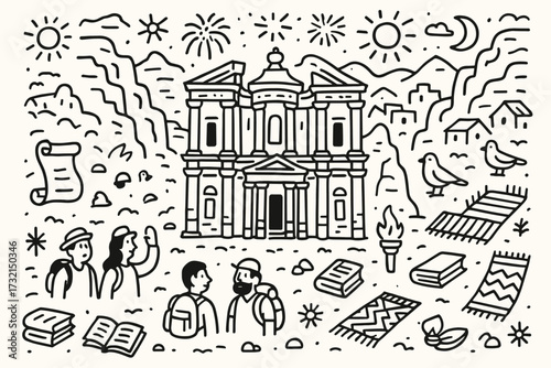 Travel and cultural heritage icon set, outline style with historical landmarks