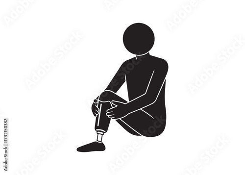 Person with bandaged knee sitting isolated on white background in silhouette.