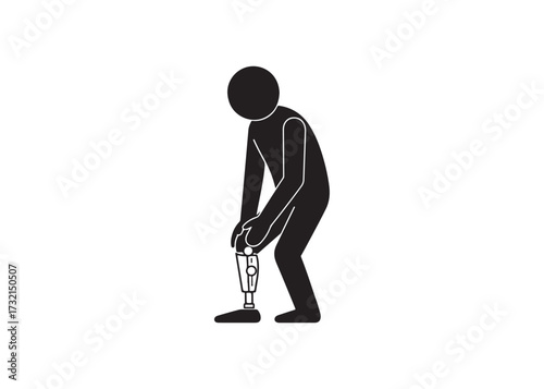 Stick figure stretching leg isolated on white background, warming up before run.