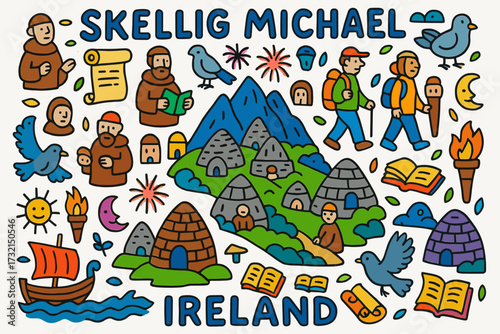Historic irish landmarks outline icon set. skellig michael ireland cultural symbols