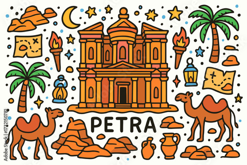 Petra outline icon set. historic landmarks, travel icons with outline design
