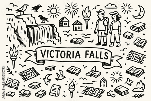 Victoria falls icon set: linear travel, adventure, and nature icons