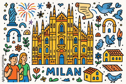 Milan travel outline icon set. architecture, landmarks, italy culture illustrated in line art.