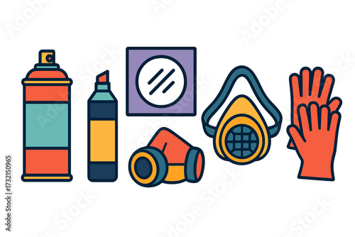Street art and graffiti tools and safety gear including spray paint, marker, respirator mask, and protective gloves