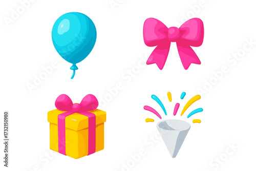 Vibrant celebration elements featuring a floating balloon, gift box, decorative bow, and exploding confetti popper