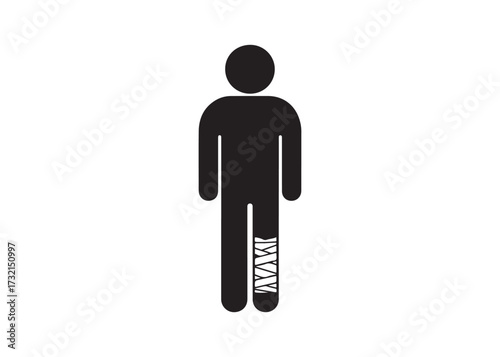 Stick figure with broken leg isolated on white background