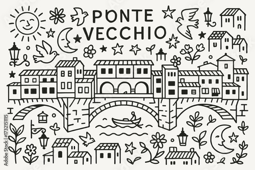 Ponte vecchio linear icon set: charming bridge, florence, italy, historical illustrations
