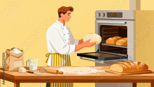 The baker is baking. Cartoon hand-drawn vector illustration