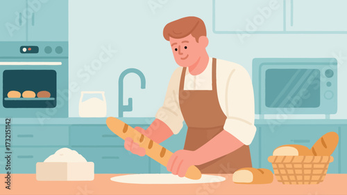 The baker is baking. Cartoon hand-drawn vector illustration