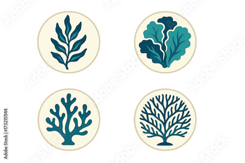 Abstract stylized marine plants and coral shapes in a set of four circular icons with a modern graphic design