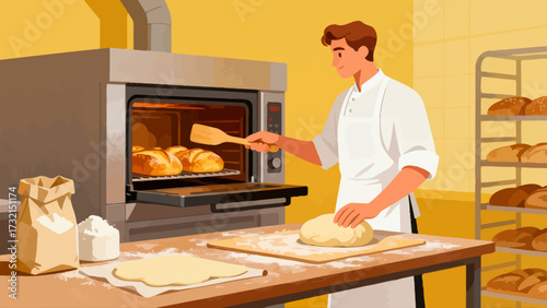The baker is baking. Cartoon hand-drawn vector illustration