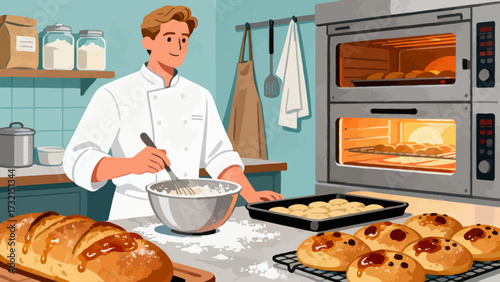 The baker is baking. Cartoon hand-drawn vector illustration
