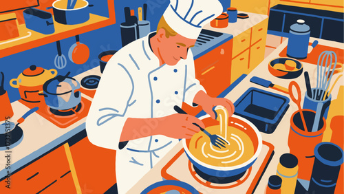 The baker is baking. Cartoon hand-drawn vector illustration