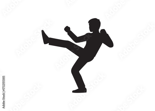 Silhouette of a man kicking isolated on white background