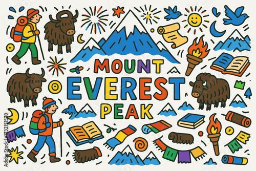 Adventure hiking icon set. mountaineering, everest peak icons flat collection