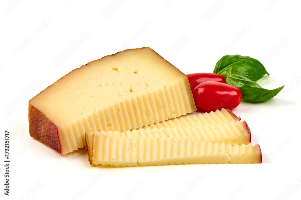 Foto Cheese Tomatoes Basil, isolated on white background