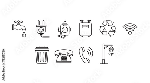 Set of line icons for home utilities and services including water tap phone trash can recycling and wi-fi signals vector