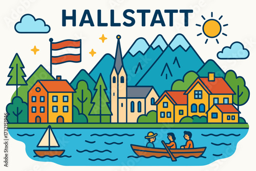 Scenic landscapes flat icon set. nature, architecture, hallstatt illustrations collection