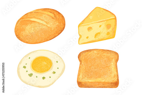 Freshly baked bread, golden cheese wedge, sunny side up egg, and toasted bread slice for breakfast or snack