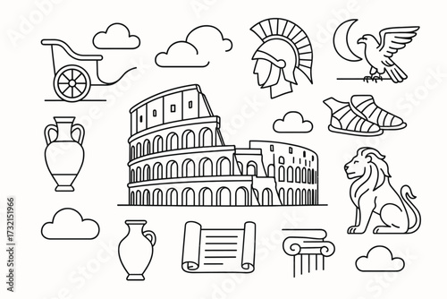 Ancient rome line icon set. colosseum, gladiator, roman symbols in outline style