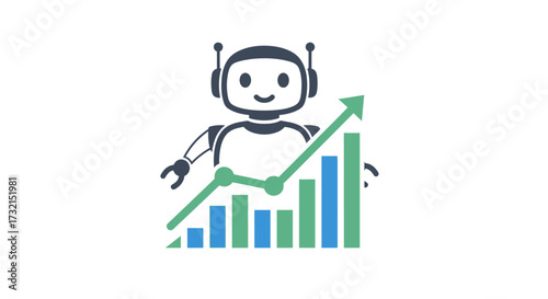 Illustrative robotic assistant boosting performance trends with digital analytics charting growth