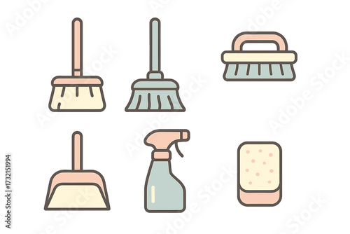 Set of essential household cleaning tools including broom, dustpan, brush, spray bottle, and sponge for domestic hygiene