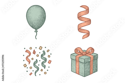 Engraved style celebration elements featuring a festive balloon, wrapped gift box, colorful confetti, and party streamer