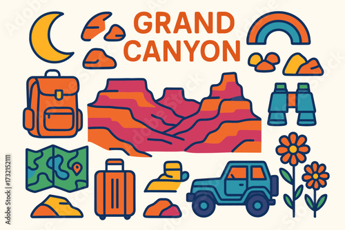 Grand canyon trip flat icon set. outdoor adventure travel icons collection