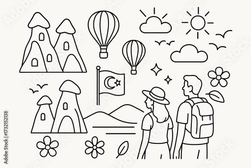 Travel and adventure linear icon set featuring cappadocia landscapes and hot air balloons
