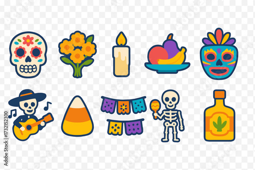 Day of the dead flat icon set. celebrate tradition with sugar skull and festival icons.