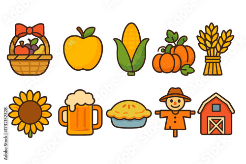 Autumn and harvest filled icon set: apples, corn, pumpkins, sunflowers icons collection