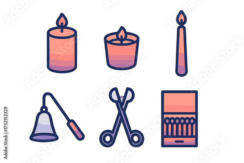 Collection of lit candles, including tea light and taper, alongside snuffer, wick trimmers, and matchbox