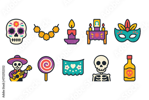 Day of the dead icon set includes 3d skull, skeleton, and altar vibrant icons