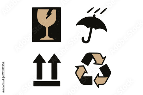 Universal shipping and handling symbols for safe package delivery and product protection, indicating fragile contents, 'this way up' orientation, and 'keep dry' requirements
