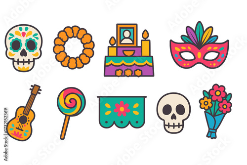 Day of the dead filled icon set. dia de los muertos, celebration symbols collection